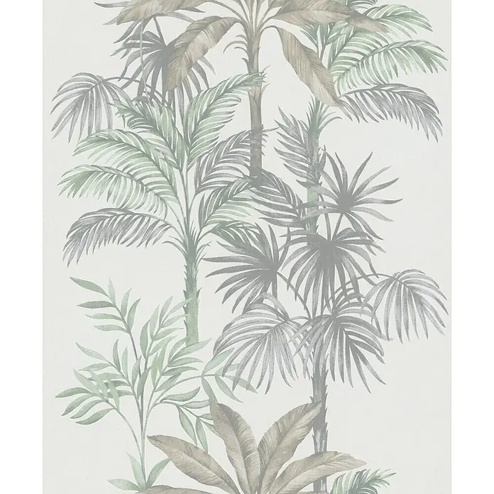 Marburg Vliestapete Novamur Leyla Floral I - Grau-Grün, Floral, 10,05 x 0,53 m - Tapete mit Muster aus gedeckten grünen und beigen tropischen Palmen und Blättern.