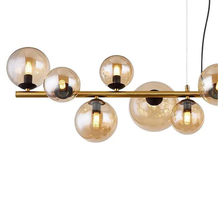 Globo Pendelleuchte Riha - L x B x H: 1.200 x 345 x 1.200 mm, G9 - Goldene lineare Hängelampe mit bernsteinfarbenen Glaskugelschirmen und freiliegenden LED-Glühbirnen.