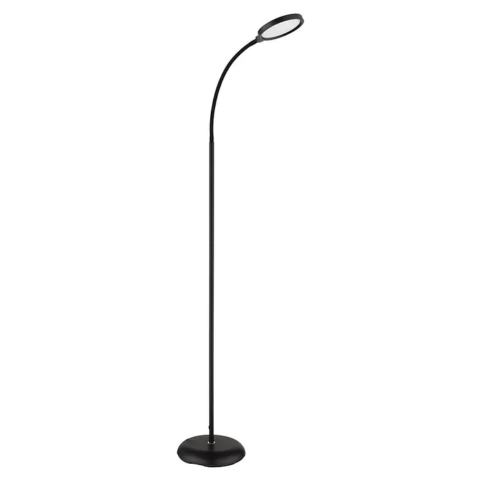 Globo LED-Deckenfluter Kalderon - 8 W, Höhe: 1.250 mm - Schwarze LED-Stehleuchte mit gebogenem Stiel und flachem, rundem Leuchtkopf.