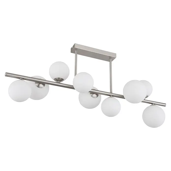 Globo Hängelampe Riha - L x B x H: 870 x 280 x 370 mm, G9 - Lineare Hängelampe mit gebürstetem Nickelrahmen und neun weißen Glaskugeln.