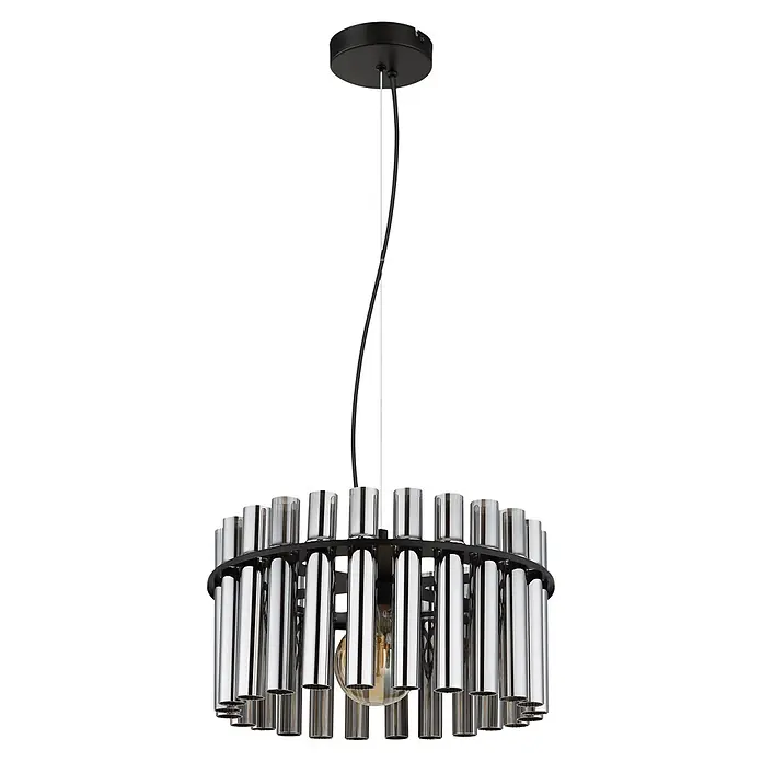 Globo Pendelleuchte rund Gorley - 60 W, Ø x H: 38 x 120 cm, E27 - Moderne Pendelleuchte mit schwarzer Deckenhalterung, schwarzem Kabel und verchromten zylindrischen Stäben um eine freiliegende Glühbirne.