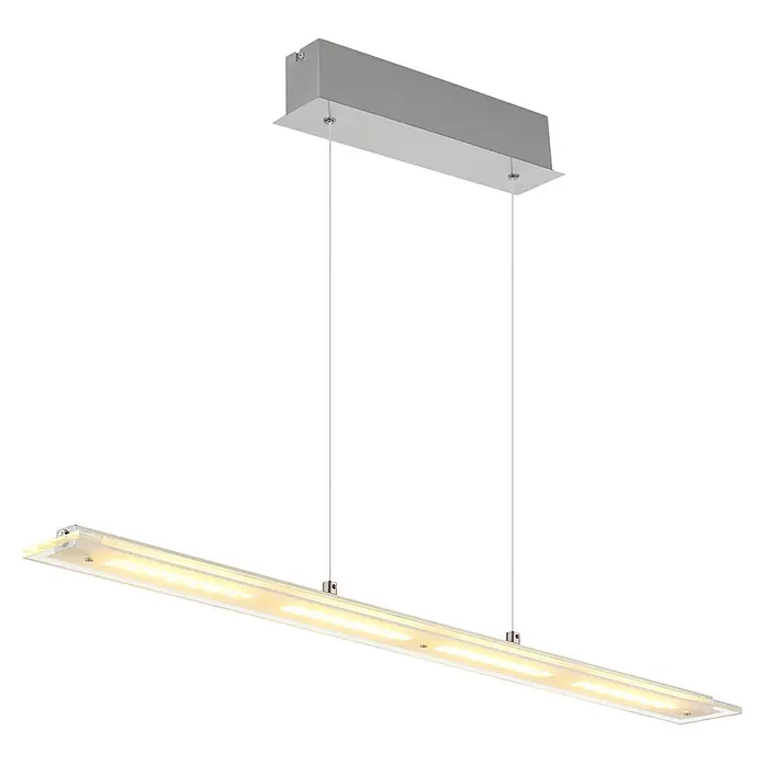 Globo LED-Pendelleuchte rund Novak - 20 W, Kaltweiß, L x B x H: 880 x 90 x 1.500 mm - Silberne, lineare Pendelleuchte mit warmweißer LED-Beleuchtung, von einer rechteckigen Deckenplatte abgehängt.