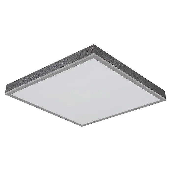 Globo LED-Deckenleuchte Doro - 24 W, L x B x H: 450 x 450 x 65 mm - Quadratische LED-Panel-Leuchte mit dunkelgrauem Holzmaserungsrahmen und weißem Diffusor.