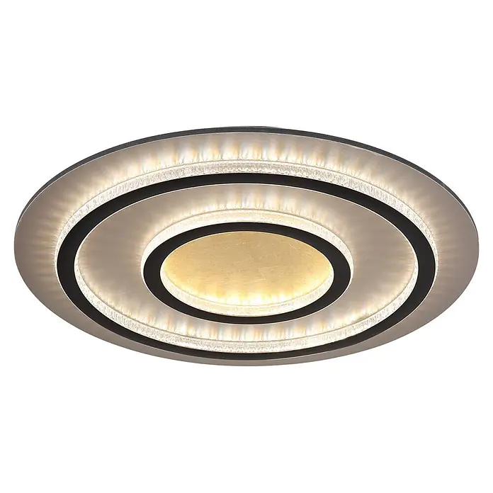 Globo LED-Deckenleuchte rund Jayden - 60 W, Warmweiß, Ø x H: 550 x 60 mm - Moderne runde LED-Deckenleuchte mit goldfarbenem Zentrum, silbernen und schwarzen Ringen und kristallartigen beleuchteten Diffusoren.
