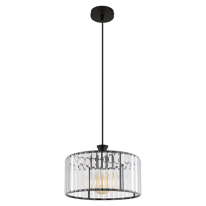 Globo Pendelleuchte Jordana - 60 W, E27, Pendellänge: 1.200 mm - Schwarze Pendelleuchte mit zylindrischem Schirm aus klarem Kristallglas und sichtbaren Glühbirnen.