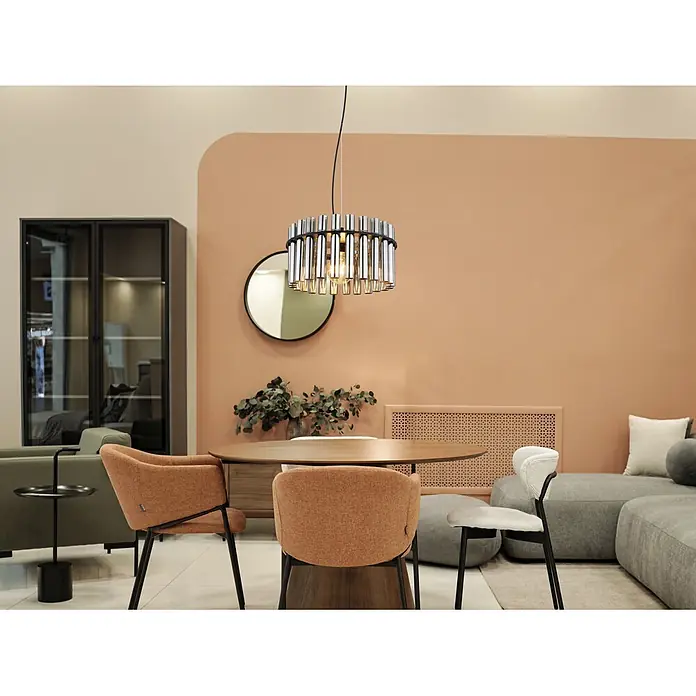 Globo Pendelleuchte rund Gorley - 60 W, Ø x H: 38 x 120 cm, E27 - Moderner Essbereich mit einem runden Holztisch und drei orange gepolsterten Stühlen in einem stilvollen Interieur.