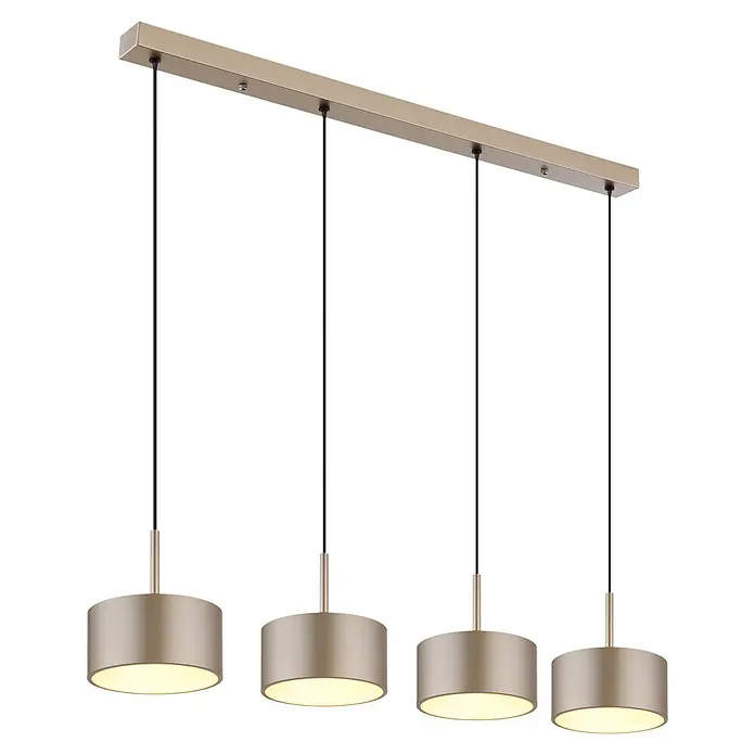 Globo LED-Pendelleuchte rund Raymond - 40 W, Warmweiß - Moderne Linear-Pendelleuchte mit vier beleuchteten zylindrischen Schirmen in Goldoptik.