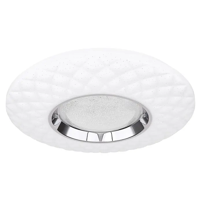 Globo LED-Deckenleuchte rund Magnifique - 30 W, Ø x H: 49 cm x 68 mm, Neutralweiß - Runde weiße LED-Deckenleuchte mit Rautenmuster und einem zentralen Chromring mit glitzerndem Diffusor.