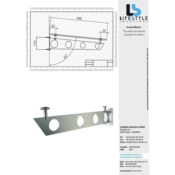 Glaszentrum Hagen Vordach - 230 x 90 x 45 cm, Silber - Gebürstete Metall-Trägerschiene mit mehreren runden Aussparungen und angewinkeltem Design.