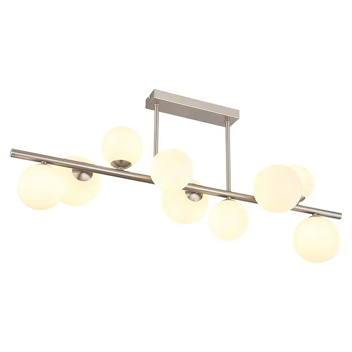 Globo Hängelampe Riha - L x B x H: 870 x 280 x 370 mm, G9 - Lineare Hängelampe mit 8 kugelförmigen, milchigen Glasdiffusoren und gebürstetem Silbermetallrahmen.