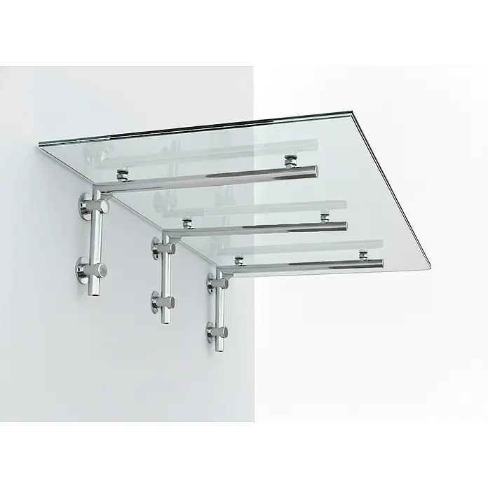 Glaszentrum Hagen Vordach - 230 x 90 x 45 cm, Silber - Glasvordach mit polierten Chrom-Wandhalterungen und Tragstangen.
