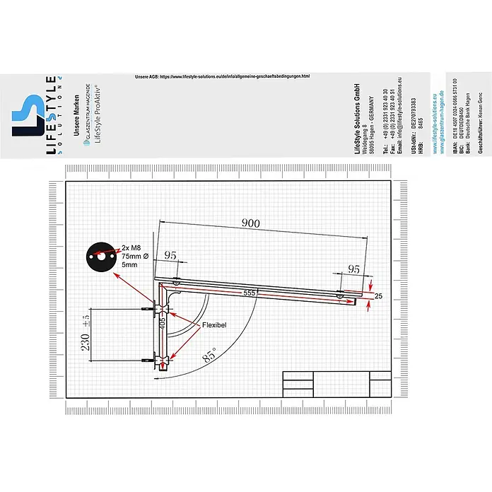 Glaszentrum Hagen Vordach - 230 x 90 x 45 cm, Silber - Technisches Diagramm einer Wandhalterung für Glasüberdachungen, mit Maßen und 85°-Winkel.
