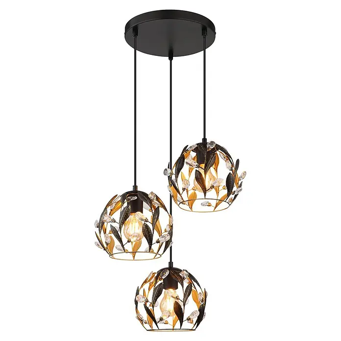 Globo Pendelleuchte Mika - 40 W, Ø x H: 4 x 150 cm, E27 - Drei schwarze und goldene Pendelleuchten mit kugelförmigen Blattschirmen, klaren Kristallen und sichtbaren Glühbirnen, an runder schwarzer Deckenplatte.