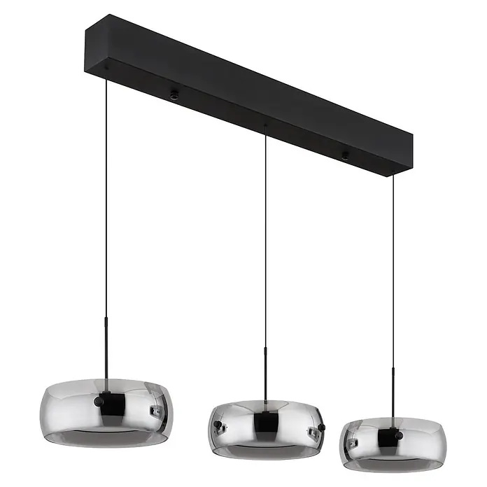 Globo LED-Pendelleuchte rund Livion - 30 W, L x B x H: 850 x 200 x 1.200 mm - Dreiflammige Pendelleuchte mit schwarzer rechteckiger Deckenstange und drei silbernen, reflektierenden, runden, flachen Schirmen.