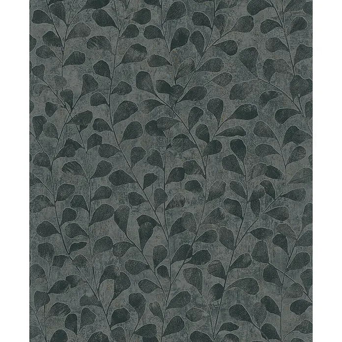 Marburg Vliestapete Novamur Naomi Floral - Grau, Floral, 10,05 x 0,53 m - Dunkelgraugrüne Tapete mit Distressed-Textur und wiederholtem Muster stilisierter, dunkler Blätter.