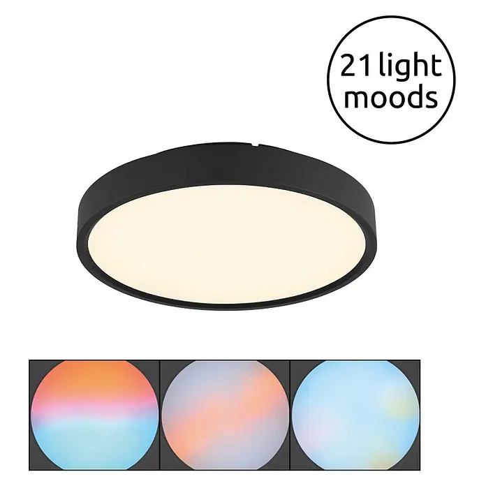 Globo LED-Deckenleuchte Jess - 57 W - Schwarze runde LED-Deckenleuchte mit weißem Diffusor, bietet 21 einstellbare Lichtstimmungen. Flaches Design.