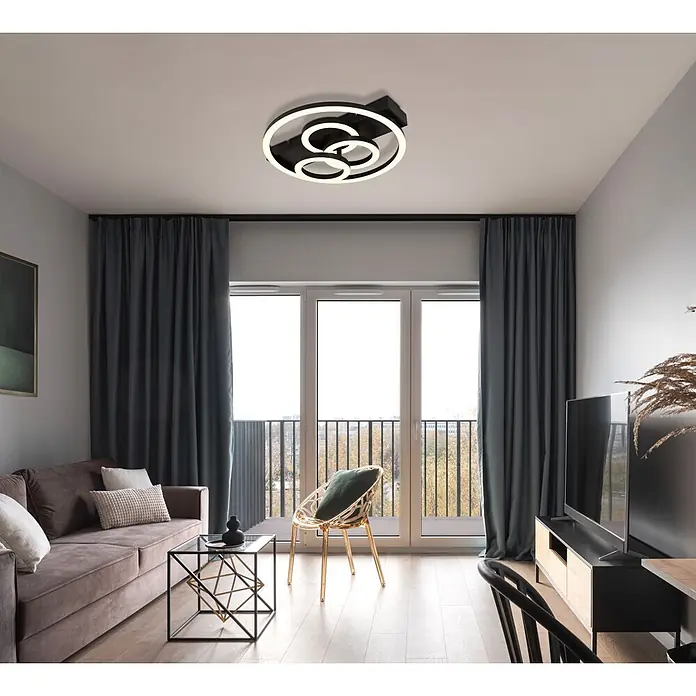 Globo LED-Deckenleuchte Darryl I - 40 W, L x B x H: 350 x 330 x 88 mm, Warmweiß - Moderne schwarze Deckenleuchte mit verbundenen weißen LED-Ringen.
