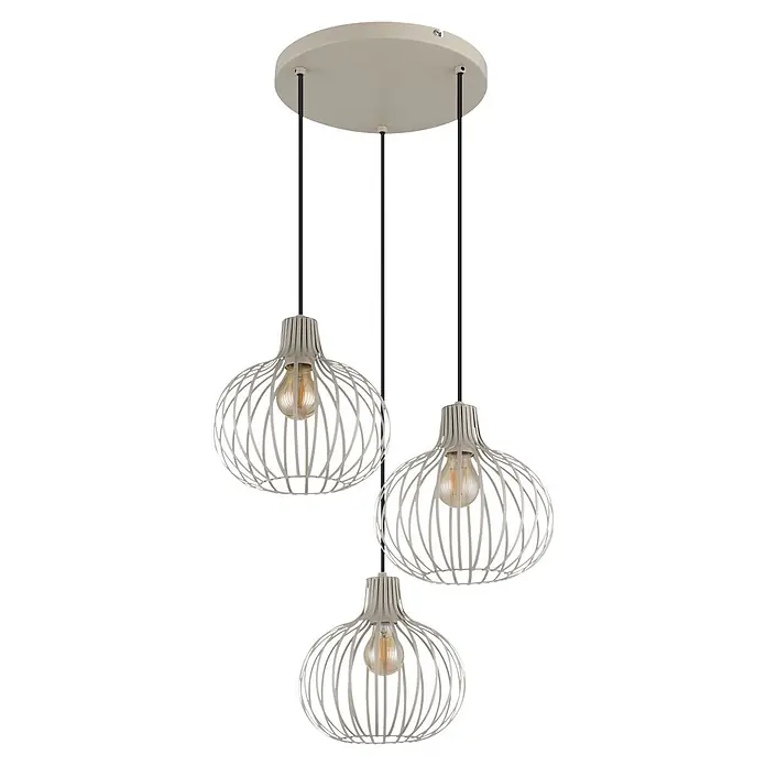 Globo Pendelleuchte Mateo - Ø x H: 500 x 1.200 mm, E27, 40 W - Cremefarbene dreiflammige Pendelleuchte mit Drahtgeflecht-Schirmen und sichtbaren Glühbirnen.