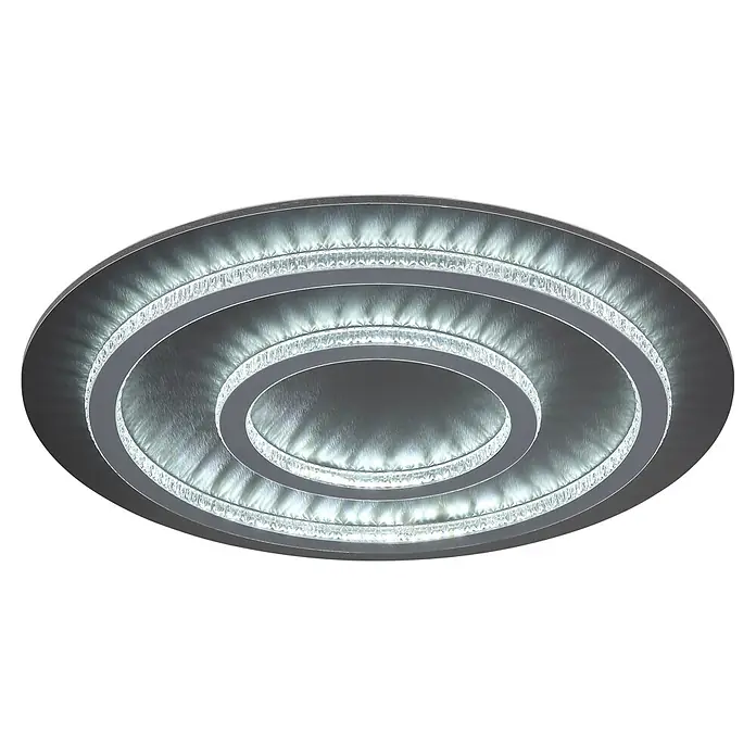 Globo LED-Deckenleuchte Jayden - 60 W, Warmweiß, Ø x H: 550 x 60 mm - Moderne runde LED-Deckenleuchte mit konzentrischen gebürsteten Metallringen und dekorativen Kristallakzenten.