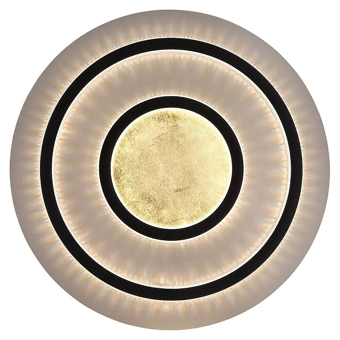 Globo LED-Deckenleuchte rund Jayden - 60 W, Warmweiß, Ø x H: 550 x 60 mm - Runde Leuchte mit goldenem Zentrum, schwarzen Ringen und beleuchteten cremefarbenen Außenringen.