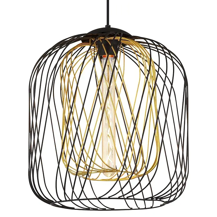 Globo Pendelleuchte Dichty - 40 W, Ø x H: 35 x 150 cm - Pendelleuchte mit schwarzem und goldenem Drahtkäfig und sichtbarer Glühbirne.