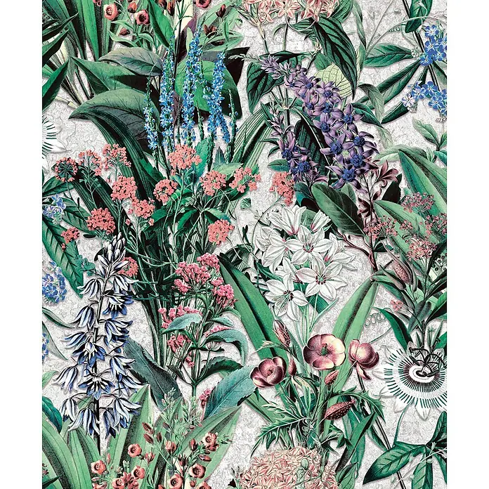 Marburg Flora Vliestapete Flora VI - Grau-Grün, Floral, 10,05 x 0,53 m - Lebhaftes Blumenmuster mit blauen, violetten, rosa und weißen Blüten, grünen Blättern.
