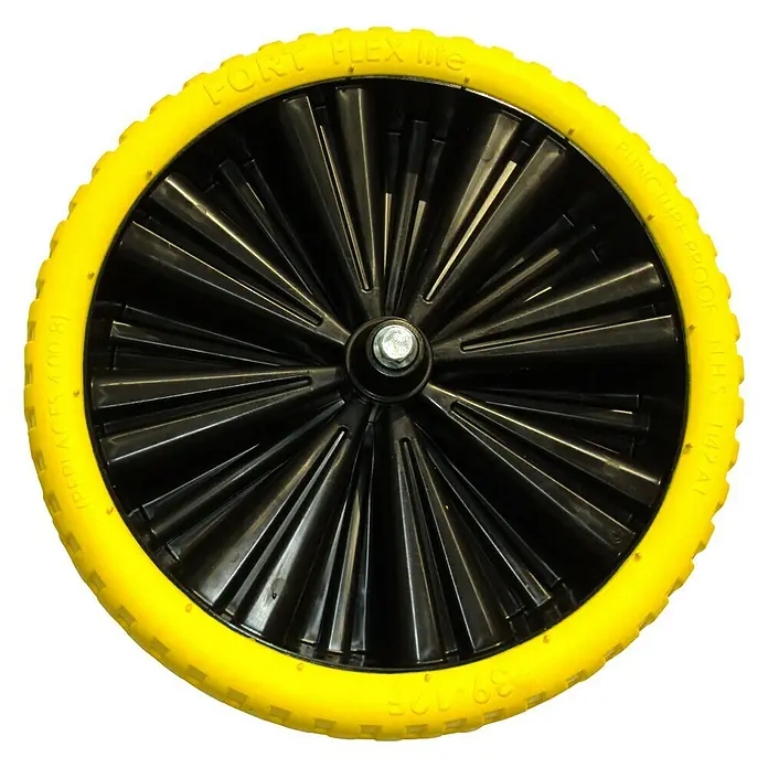Altrad Schubkarren-Ersatzrad Flex Lite - Durchmesser: 360 mm - Schwarzes Rad mit gelbem Reifen, ideal für Rollstühle oder ähnliche Anwendungen, bietet Haltbarkeit und Pannensicherheit.