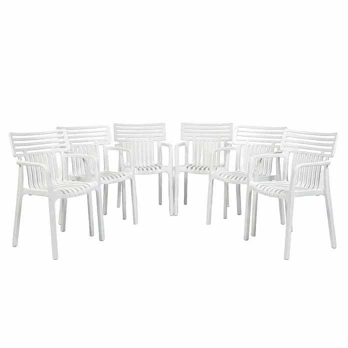 Floordirekt Gartenstuhl-Set Terrano 6er Set Weiß - Polypropylen, Weiß - Set aus acht weißen Plastikstühlen mit Armlehnen.