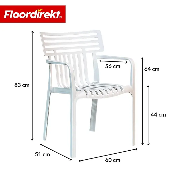 Floordirekt Gartenstuhl Terrano Weiß - Polypropylen, Weiß - Weißer Kunststoff-Lattenstuhl mit Armlehnen, 83 cm (H), 60 cm (T), 56 cm (B), 44 cm Sitzhöhe.