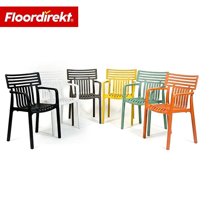 Floordirekt Gartenstuhl-Set Terrano 6er Set Weiß - Polypropylen, Weiß - Sechs moderne Kunststoffstühle mit Armlehnen in Schwarz, Weiß, Dunkelgrau, Gelb, Grün und Orange, mit Lattenrückenlehnen und Sitzen.
