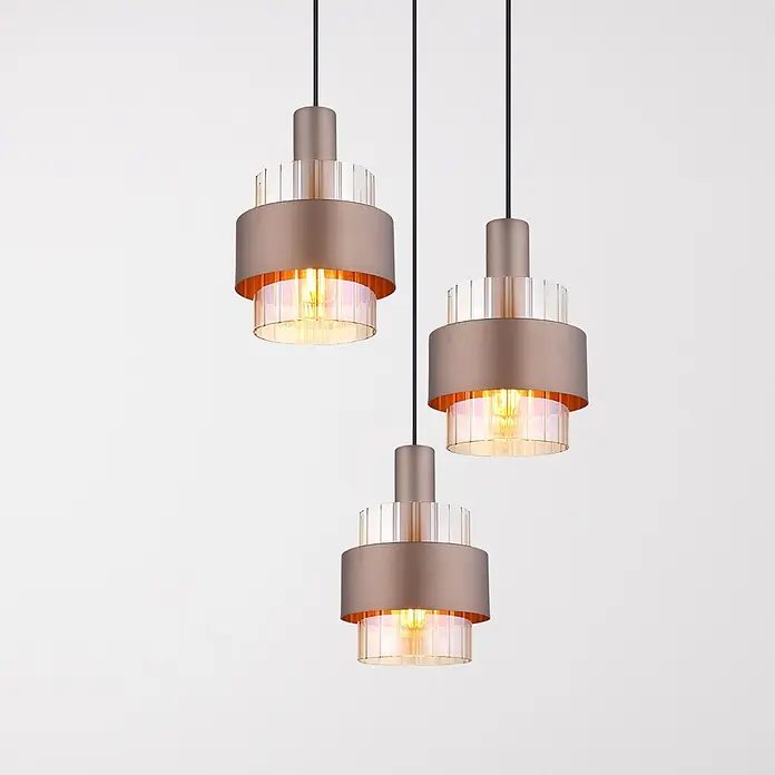Globo Pendelleuchte Tulivar - Höhe: 1.500 mm, 60 W - Drei moderne Pendelleuchten aus Bronze und geripptem Amberglas, warm leuchtend.