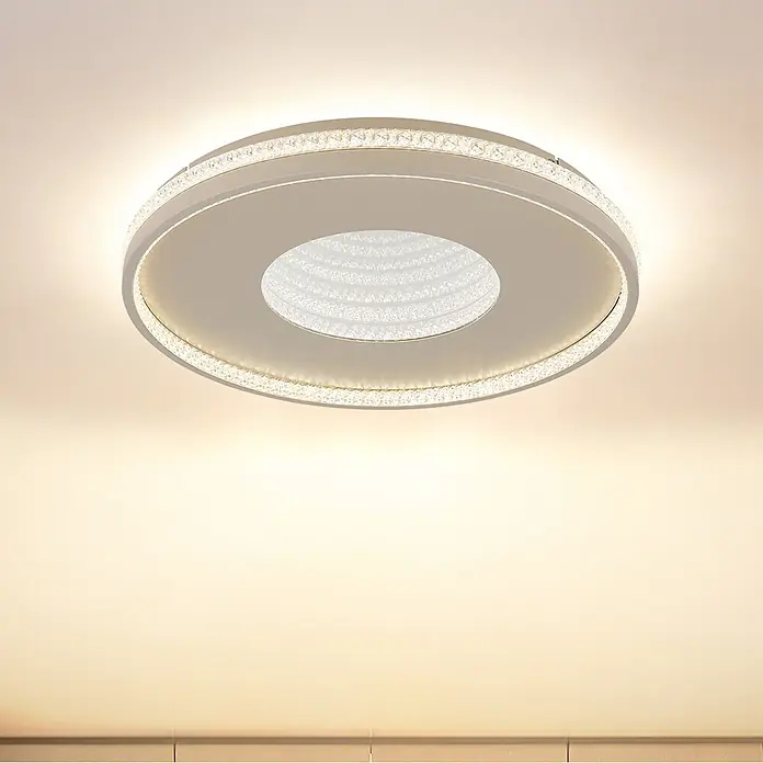 Globo LED-Deckenleuchte rund Shirley - 40 W, Ø x H: 50,5 x 6,5 cm - Runde LED-Deckenleuchte mit weißem Rahmen, zentralem Licht und Kristall-Ringen. Strahl warmes Licht ab.