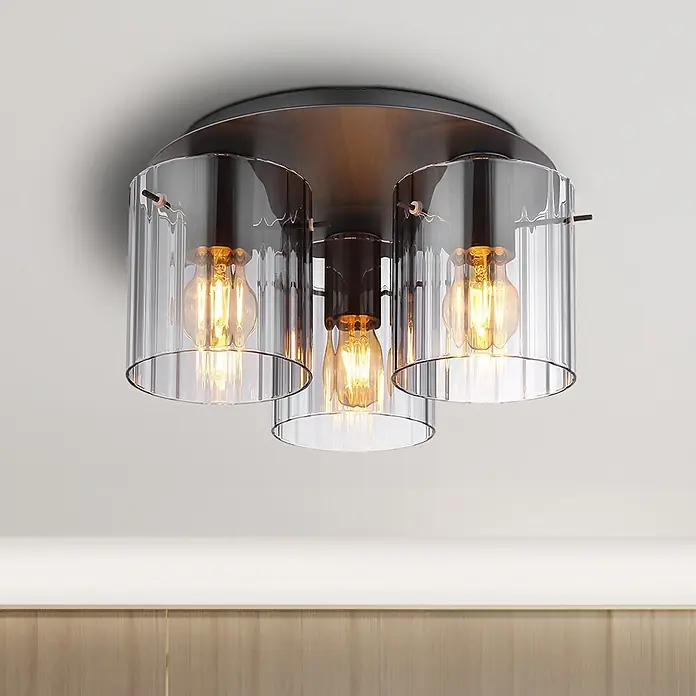 Globo Deckenleuchte Tulivar - 40 W, E27 - Moderne Deckenleuchte mit dunklem Metall und vier sichtbaren Glühbirnen in gerippten Rauchglaszylindern.