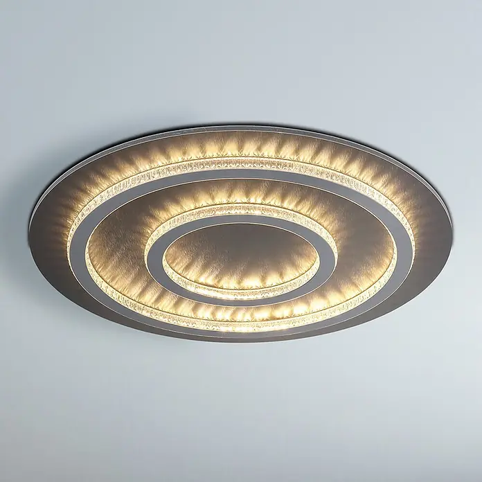 Globo LED-Deckenleuchte Jayden - 60 W, Warmweiß, Ø x H: 550 x 60 mm - Moderne kreisförmige LED-Deckenleuchte mit konzentrischen Ringen aus gebürstetem Metall und warmen, funkelnden Kristallakzenten.