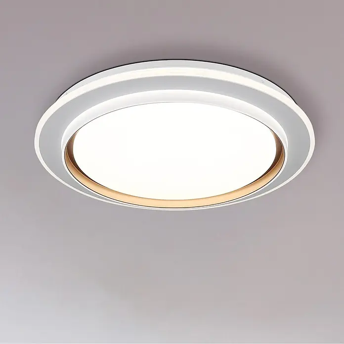 Globo LED-Deckenleuchte rund Janice - 48 W, Ø x H: 490 x 70 mm, Warmweiß - Moderne runde LED-Deckenleuchte mit weißen Schichtringen und goldenem Innenakzent.