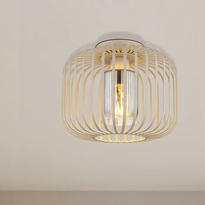 Globo Deckenleuchte Alfred - 40 W, E27 - Deckenleuchte mit hellem Lattengeflecht und sichtbarer Glühbirne in Glaszylinder.