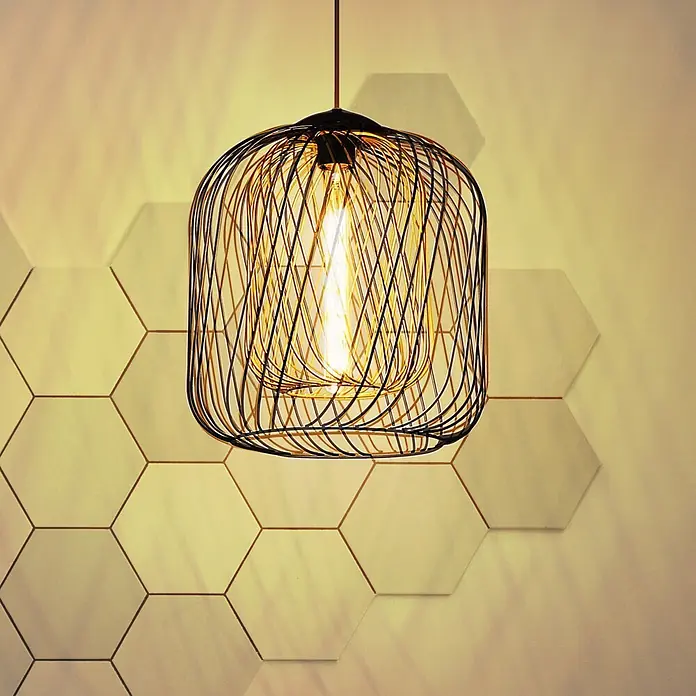 Globo Pendelleuchte Dichty - 40 W, Ø x H: 35 x 150 cm - Schwarze Drahtkäfig-Pendelleuchte mit Glühfadenbirne vor sechseckiger Wand.