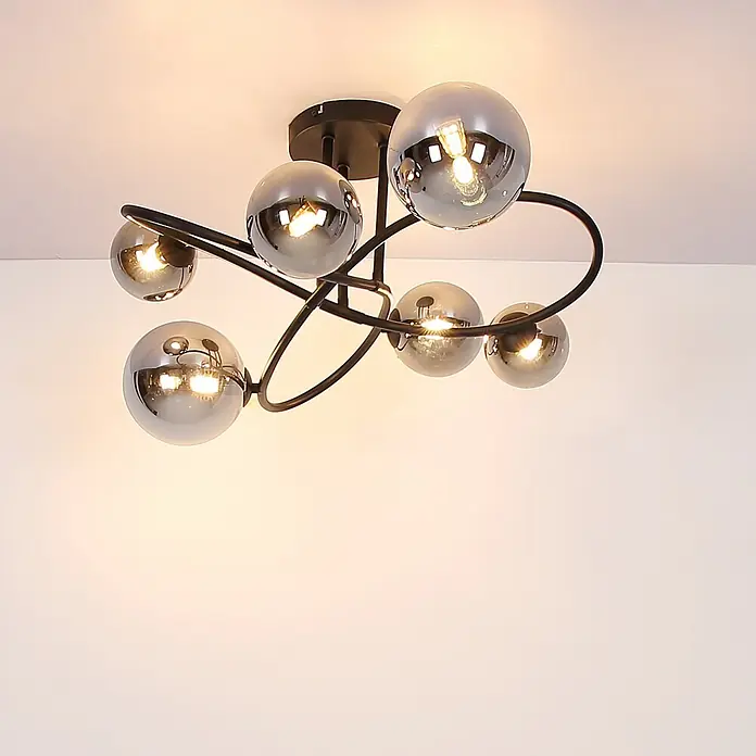 Globo Deckenleuchte Riha - 3,5 W, G9 - Deckenleuchte aus schwarzem Metall mit mehreren rauchfarbenen Glaskugeln, die warmes Licht abstrahlen.