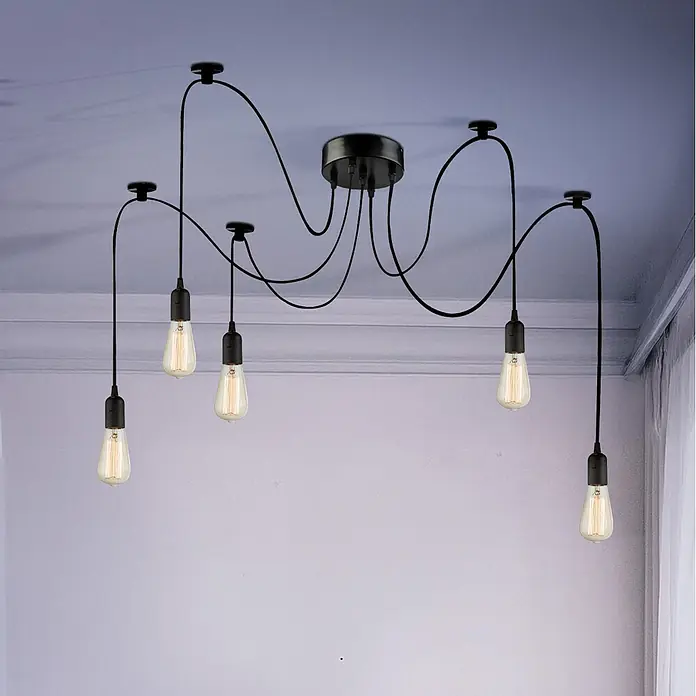 Globo Pendelleuchte Oliver - 60 W, E27 - Schwarze Spider-Deckenleuchte mit fünf Edison-LED-Glühbirnen.