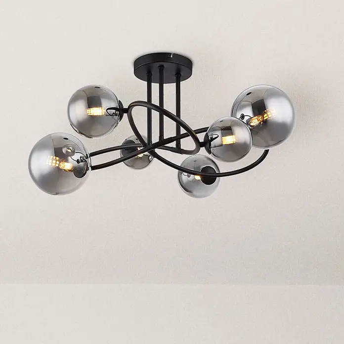 Globo Deckenleuchte Riha - 3,5 W, G9 - Moderne schwarze Deckenleuchte mit abstraktem Metallrahmen und mehreren Rauchglas-Kugelabdeckungen.
