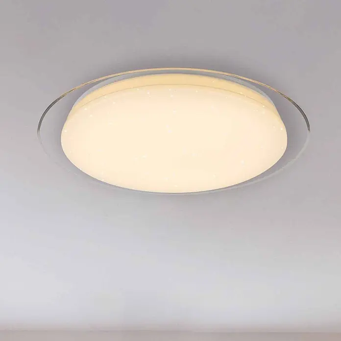 Globo LED-Deckenleuchte rund Optima - 30 W, Ø x H: 46 x 8,5 cm, Weiß, Klar, Warmweiß - Runde LED-Deckenleuchte mit klarem Außenring und milchigem Diffusor mit funkelnden Sternen, strahlt warmweißes Licht aus.