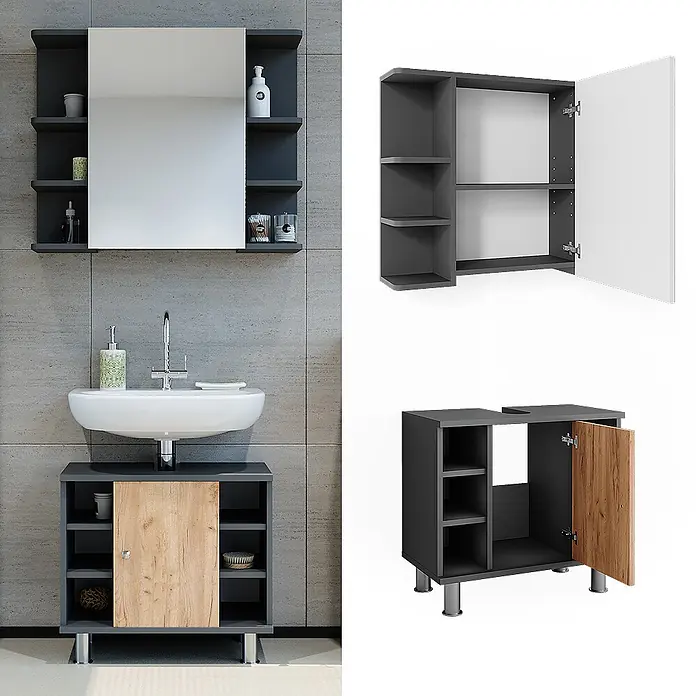 Vicco Badmöbel-Set Fynn Anthrazit/Goldkraft Eiche 2 Teile - Anthrazit, Matt - Dunkelgraues Badezimmermöbel-Set mit Spiegelschrank und Waschbeckenunterschrank mit Holztür.