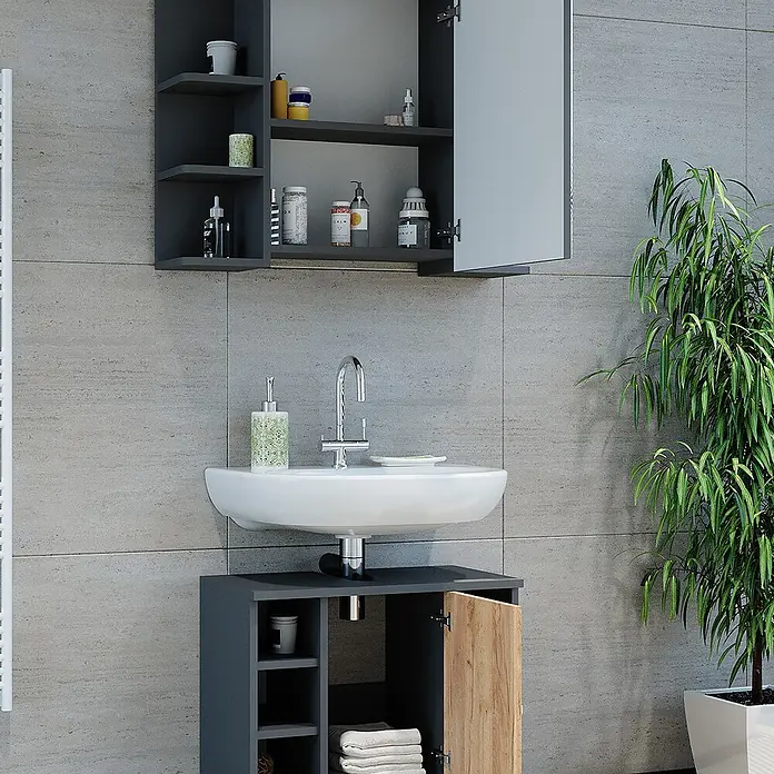 Vicco Badmöbel-Set Fynn Anthrazit/Goldkraft Eiche 2 Teile - Anthrazit, Matt - Dunkelgraues Badmöbel-Set mit weißem Waschbecken, Spiegelschrank und einem Unterschrank mit Holzoptik-Tür.