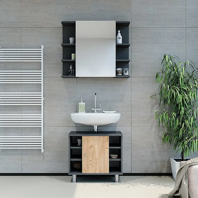 Vicco Badmöbel-Set Fynn Anthrazit/Goldkraft Eiche 2 Teile - Anthrazit, Matt - Modernes graues Badmöbel-Set mit weißem Waschbecken, Holz-Akzenttür und passendem Spiegelschrank.