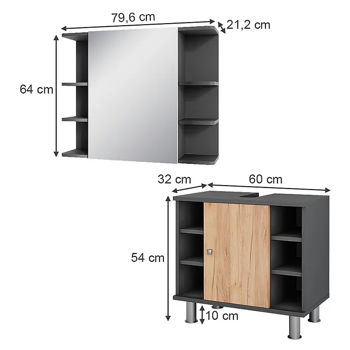 Vicco Badmöbel-Set Fynn Anthrazit/Goldkraft Eiche 2 Teile - Anthrazit, Matt - Graues Badezimmerschrank-Set: wandmontierter Spiegelschrank mit offenen Fächern und Unterschrank mit Holzoptik-Schiebetür und Beinen.
