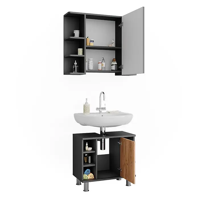 Vicco Badmöbel-Set Fynn Anthrazit/Goldkraft Eiche 2 Teile - Anthrazit, Matt - Dunkelgraues Badmöbel-Set mit Wandschrank, Spiegeltür, Keramikwaschbecken und dunkelgrauem Unterschrank mit Holztür.