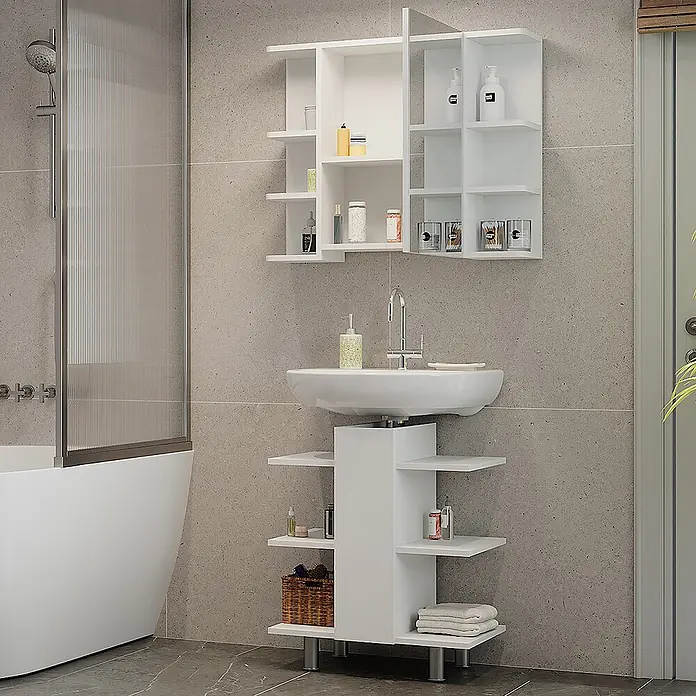 Vicco Badmöbel-Set Fynn Weiß 2 Teile, Waschbeckenunterschrank und Bad Spiegelschrank - Weiß, Matt - Weißer Badwaschtisch mit integriertem Waschbecken und offenen Regalen, kombiniert mit einem passenden Wandregal in einem modernen Badezimmer.
