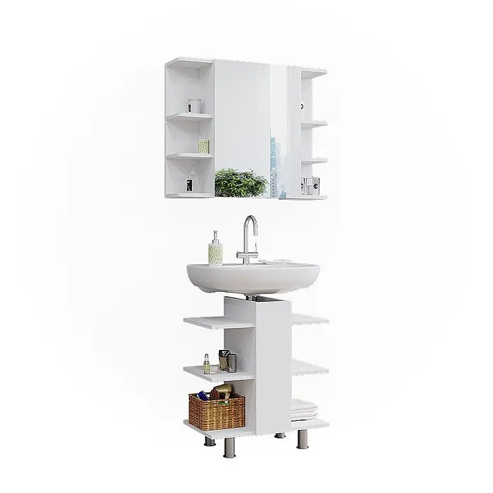 Vicco Badmöbel-Set Fynn Weiß 2 Teile, Waschbeckenunterschrank und Bad Spiegelschrank - Weiß, Matt - Weißer Badunterschrank mit Waschbecken, offenen Regalen und passendem Spiegelschrank. Modernes Design für Badaufbewahrung.