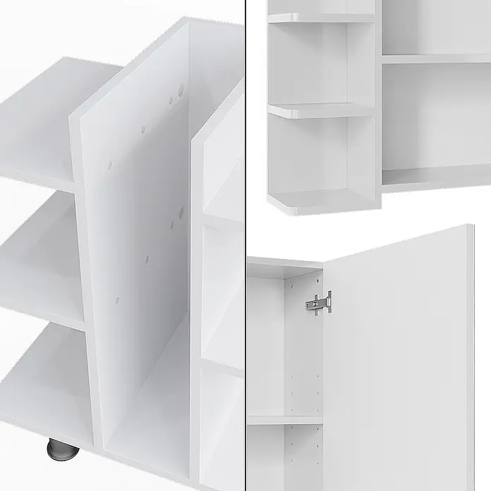 Vicco Badmöbel-Set Fynn Weiß 2 Teile, Waschbeckenunterschrank und Bad Spiegelschrank - Weiß, Matt - Modulares weißes Regal mit offenen Fächern, Eckregalen und einem Schrank mit Tür und Scharnier.