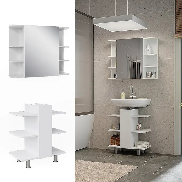 Vicco Badmöbel-Set Fynn Weiß 2 Teile, Waschbeckenunterschrank und Bad Spiegelschrank - Weiß, Matt - Weißes Badmöbel-Set mit Spiegelschrank und freistehendem Waschtischunterschrank mit offenen Regalen.